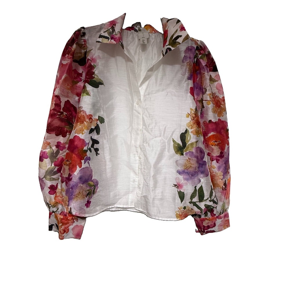 Joie White Floral Button Down Shirt L Sheer Watercolor Balloon Sleeve Blouse